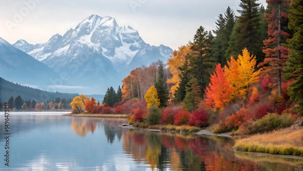 Fototapeta Autumn Forest and Snowy Mountain Reflected in Tranquil Lake – Scenic Fall Landscape Nature Photography.