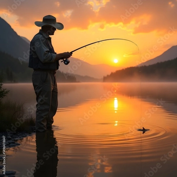 Fototapeta silhouette of a professional fisherman