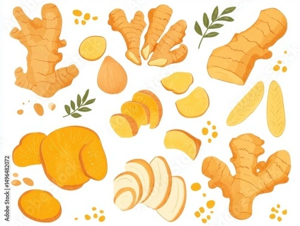 Fototapeta Vector ginger root with slices in flat style on white background  