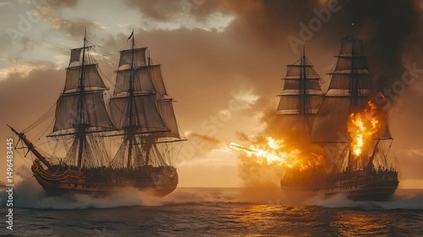 Fototapeta Two majestic sailing ships engage in a fiery naval battle at sunset, one ablaze, waves crashing around them