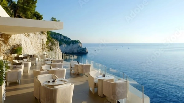 Fototapeta Lux beach hotel cafe with panoramic sea views and modern decor