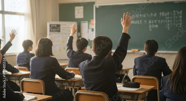 Obraz 中学校授業風景・教室で手を上げる中学生たち