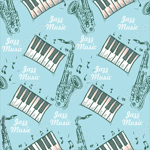 Fototapeta Seamless pattern of musical jazz instruments with notes. Vector illustration.