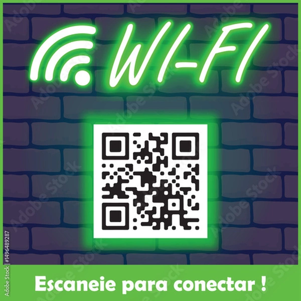 Fototapeta Placa Neon Wi-Fi Grátis com QR Code. Arte nas Cores Branco e Verde com Textura de Tijolos ao Fundo.	