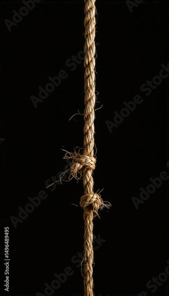 Obraz Frayed Torn Rope Split Apart, Broken Cord with Fibers, Black Background, Tension and Disruption Concept
