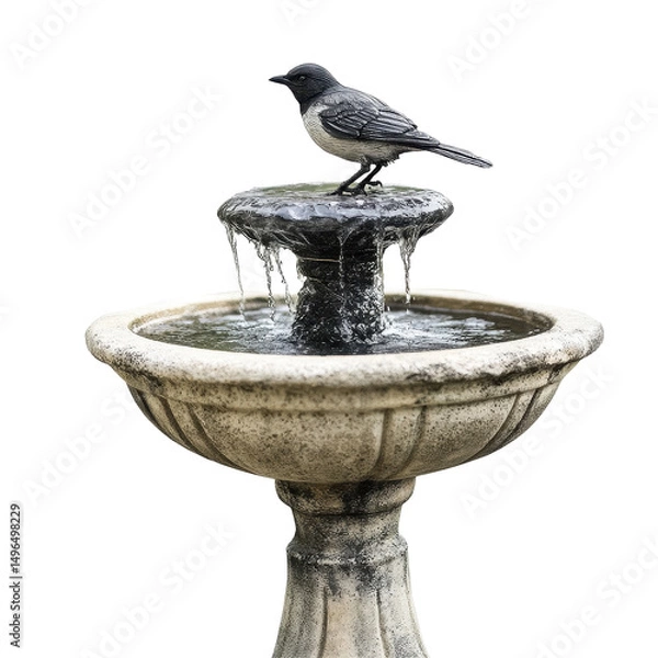 Fototapeta Bird perched on a fountain with water flowing gracefully in a serene outdoor setting, fountain with water and a bird perched on top, white background