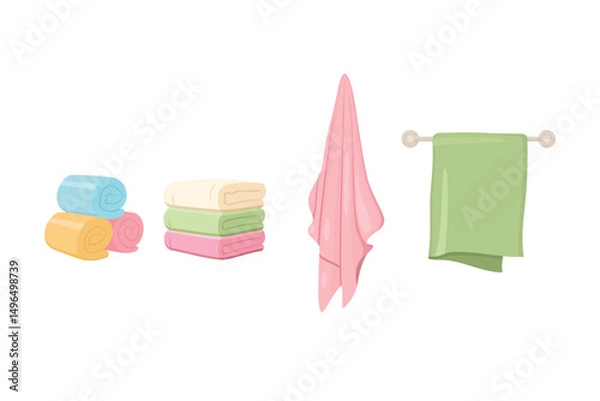 Fototapeta Assortment Of Neatly Stacked Rolled And Hung Pastel Colored Towels Clean And Ready For Use, flat style vector illustration