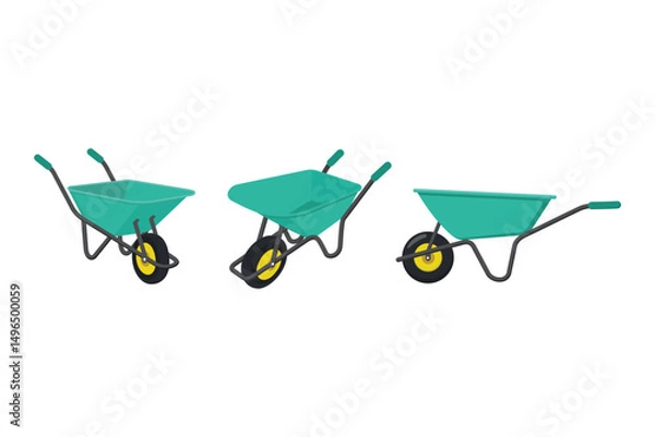 Fototapeta Three Cartoon Styled Green Wheelbarrows Are Isolated Against A Plain White Background In A Row