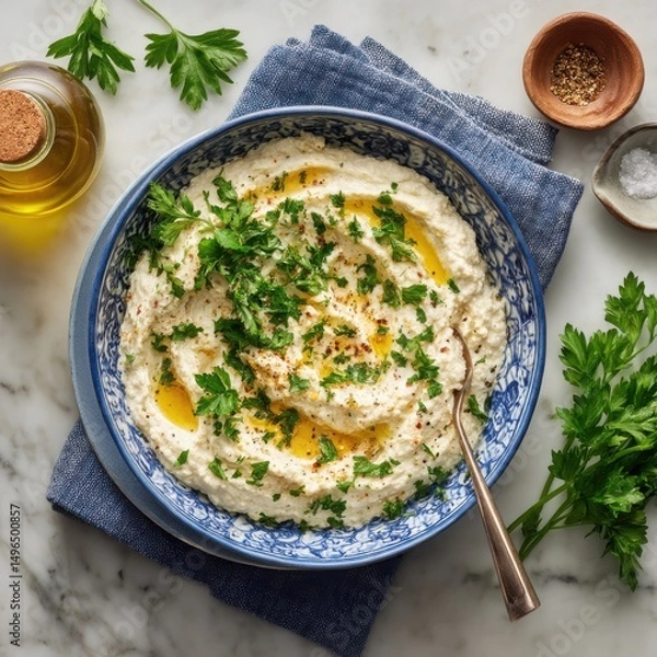 Fototapeta Creamy cauliflower dip with parsley and olive oil