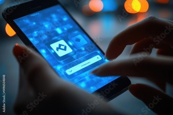 Fototapeta Close-up of a person using a smartphone with a glowing app interface in a low-light environment with bright blurred lights in the background