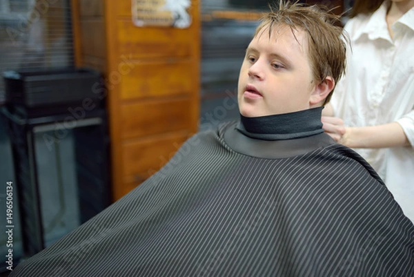 Fototapeta Portrait of a teenager with Down syndrome in a barbershop