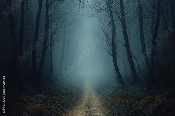Obraz Misty forest path surrounded by tall bare trees with a mysterious and eerie atmosphere