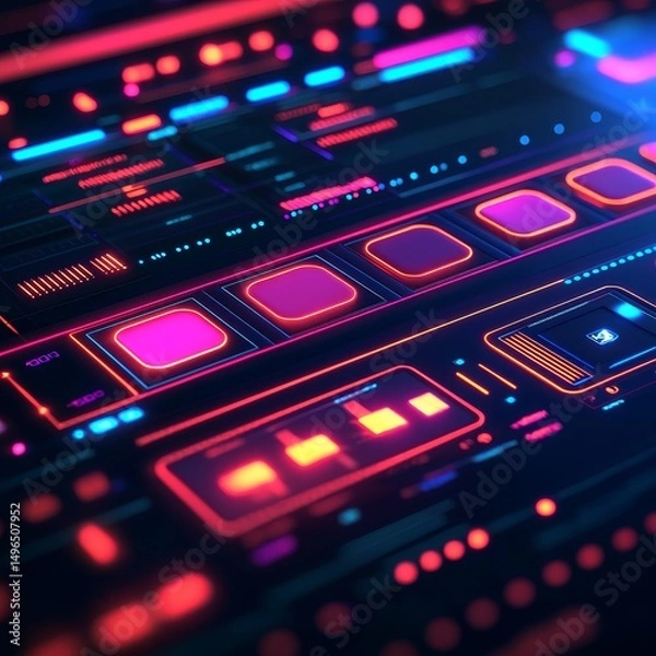 Fototapeta Futuristic interface with vibrant neon lights and abstract patterns.