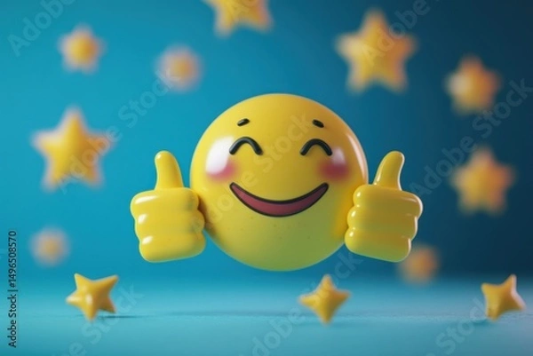 Obraz Happy face surrounded by thumbs up and stars celebrating customer satisfaction, Happy face surrounded by thumbsup and stars, customer satisfaction theme