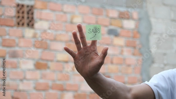 Fototapeta The word "sale" is boldly written on the hand, drawing attention for promotion purposes.