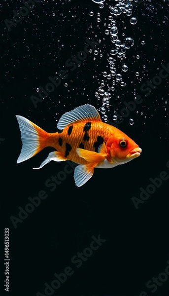 Obraz Vibrant Orange and Black Spotted Fish Swimming with Bubbles on Dark Background