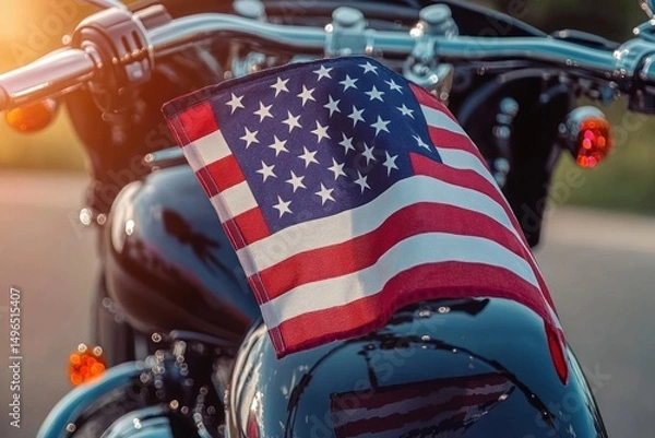 Obraz Close-up of an American flag attached to a shiny black motorcycle with sunlight glowing in the background