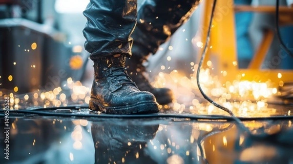 Obraz sparks nearby, risk of electrocution, blurred workspace in the background,