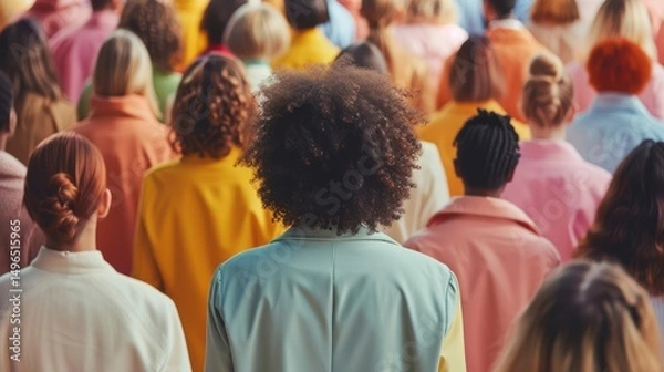Fototapeta A person in a colorful outfit standing in a crowd of people wearing neutral colors