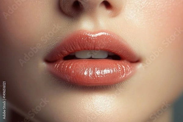 Obraz Close-up of glossy lips with natural skin texture showing light reflecting from the shiny lip surface and a slightly open mouth