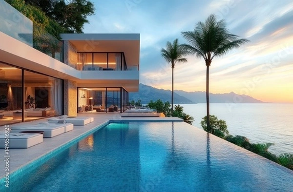 Obraz Modern villa with large infinity pool overlooking ocean at sunset with palm trees and mountain background creating tranquil luxury atmosphere