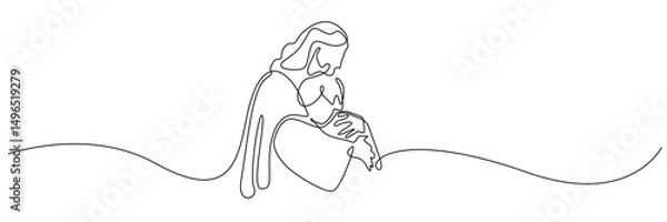 Fototapeta one continuous line jesus hugging child.single line jesus giving help.vector illustration jesus line art.eps 10