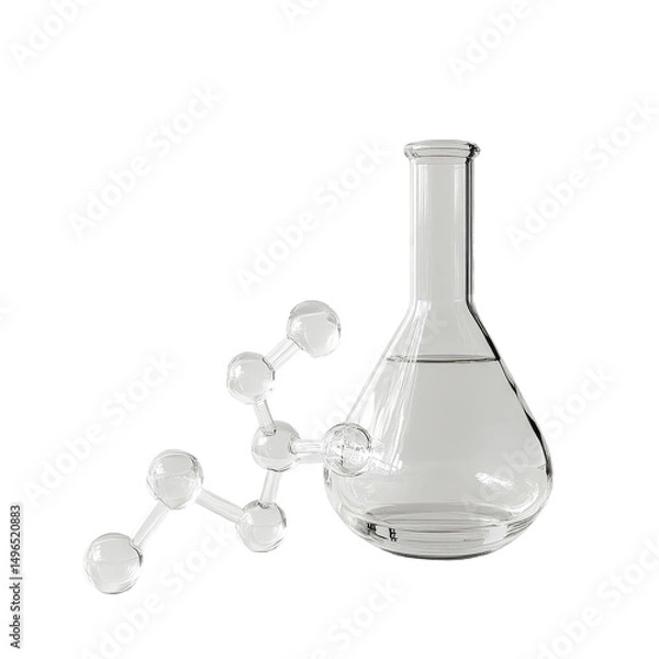 Fototapeta Clear chemical glassware with molecular structure on white background in laboratory setting, Chemical glassware and molecule white background