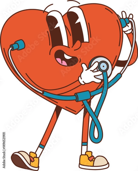 Fototapeta Cartoon groovy human heart body organ medicine character using a stethoscope to check its own heartbeat. Vector happy and healthy anatomical cardiovascular system personage with cute smiling face