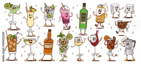 Fototapeta Hippie groovy cocktail drink and beverage characters. Vector funny glasses of wine, mojito, margarita and gin tonic alcohol drink cocktails. Psychedelic groovy beer, coffee and bubble tea characters