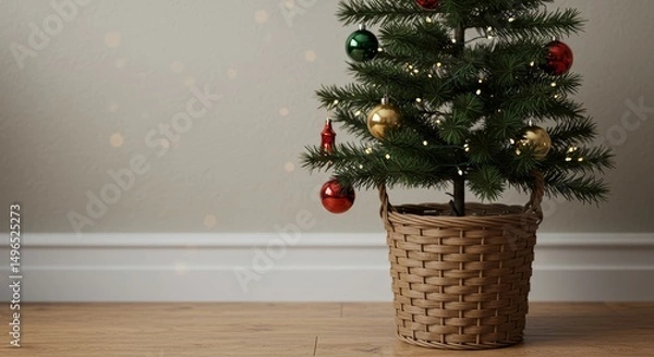 Fototapeta 3D Christmas Tree in Basket With Ornaments and Lights