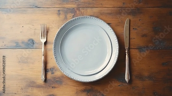 Fototapeta Empty white plates stacked on rustic wooden table with silver fork and knife arranged beside them suggesting a dining setting