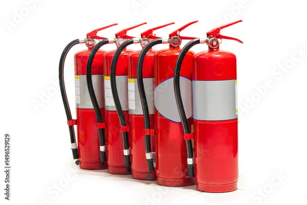 Obraz Row of red fire extinguishers lined up for safety in a commercial building corridor