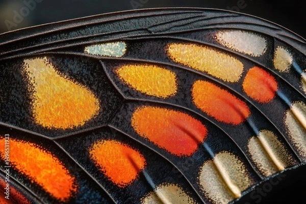 Fototapeta Close-up of an intricate butterfly wing showing vibrant orange, red, yellow, and white patterns with detailed textures and delicate black veining