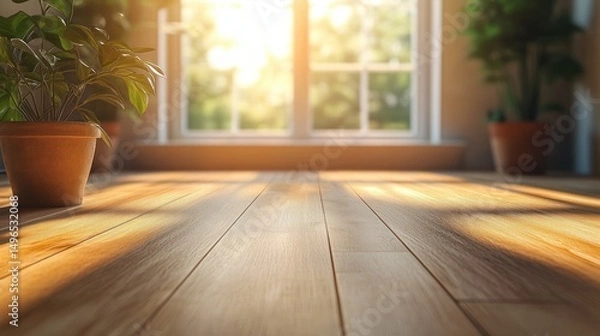 Fototapeta Sunlit room with wooden floor and potted plants near sunlit window creating a warm and peaceful atmosphere