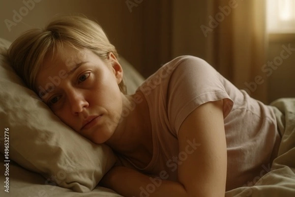 Fototapeta Insomnia Reflection: A Woman Feeling Anxious, Exhausted, and Stressed in Bed, Struggling with Sleep Disorder
