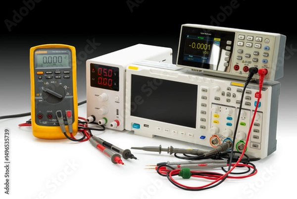 Obraz Electronics workbench with multimeter, digital oscillator and power supply