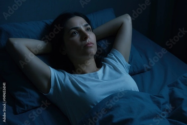 Obraz Woman Struggling with Insomnia, Lying Awake in Bed Feeling Anxious and Restless
