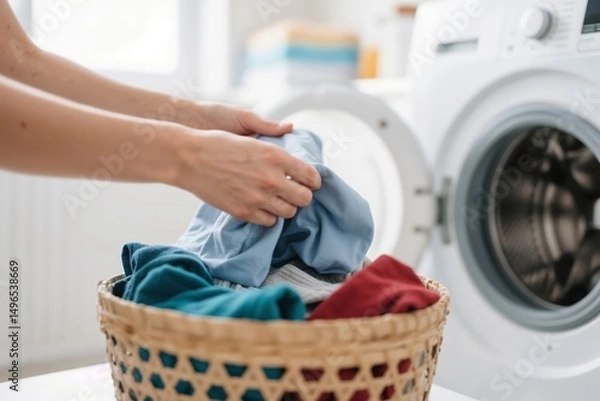 Fototapeta Woman Sorting Laundry in a Basket for Washing