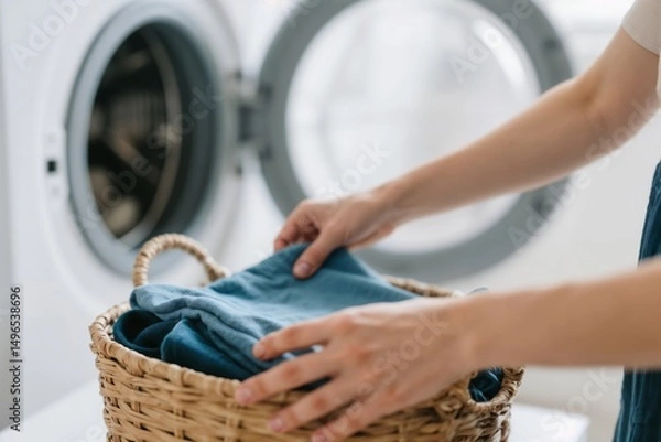 Fototapeta Woman Sorting Laundry in a Basket for Washing