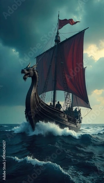 Obraz A fierce Viking tribal longship sails across a dramatic, stormy sea under a brooding sky  The ship's dragon-head prow cuts through the waves, conveying power and adventure ,  wind,  medieval,  waves