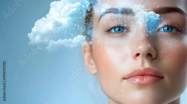 Fototapeta Dreamy cloud reflections on a woman's face fantasy environment digital art close-up view conceptual visualization