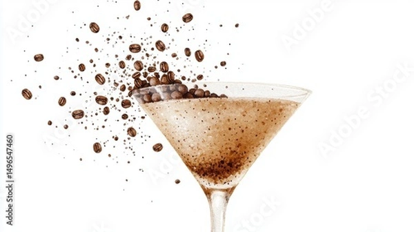 Fototapeta Coffee cocktail with floating beans in a martini glass.