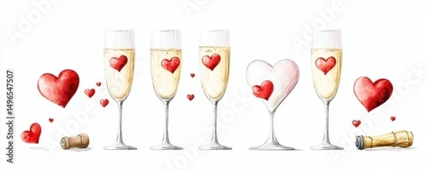 Fototapeta Champagne flutes with hearts for a romantic celebration.
