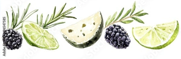Fototapeta Illustration of fruits and herbs on a white background.