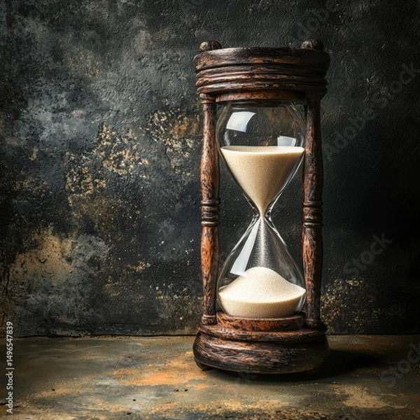Fototapeta Antique hourglass against a textured dark background.