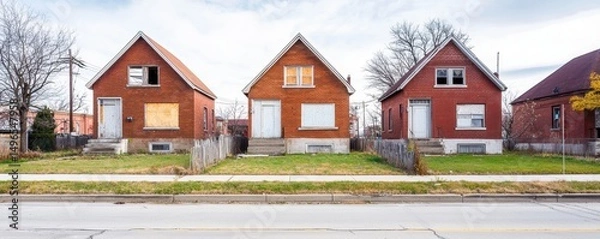 Fototapeta Row of brick houses with empty windows and grassy yards.
