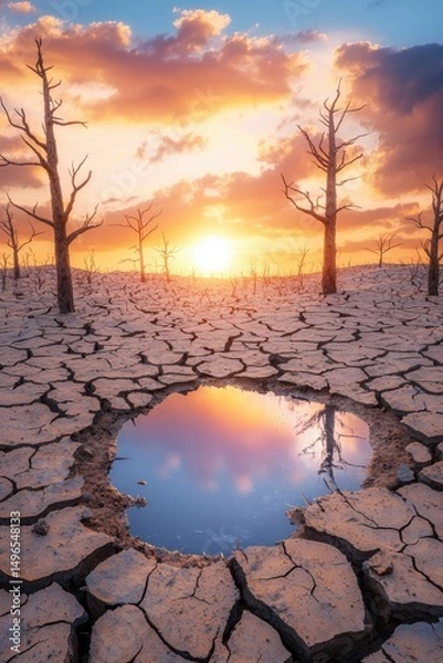 Fototapeta Desolate landscape with cracked earth and a sunset reflection.