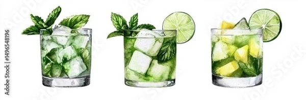 Fototapeta Illustration of cocktails with mint and lime garnishes.