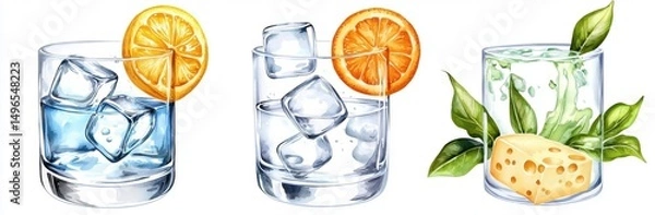 Fototapeta Illustration of drinks with ice, orange, and herbs.