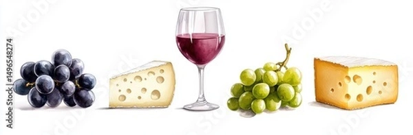 Fototapeta Cheese, grapes, and wine arrangement for a gourmet display.